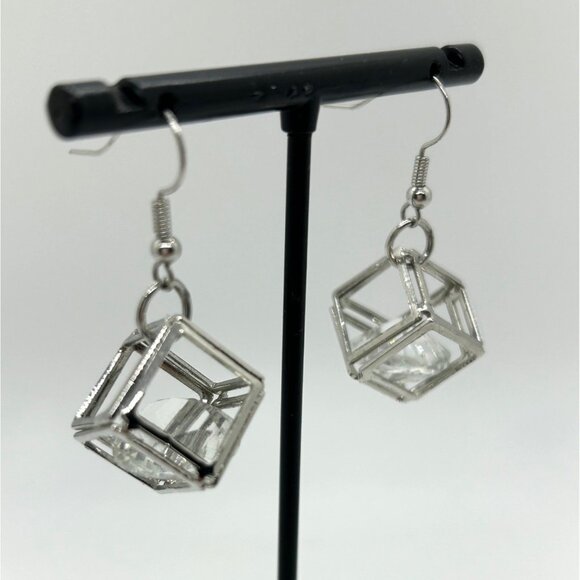 Silver-Tone Box Earrings Clear Rivoli Dangles Pierced Hooks Geometric - Picture 3 of 12